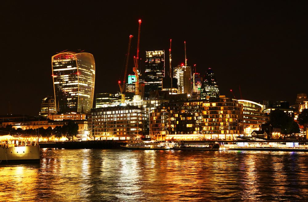 City of London Skyline at Night with River Thames